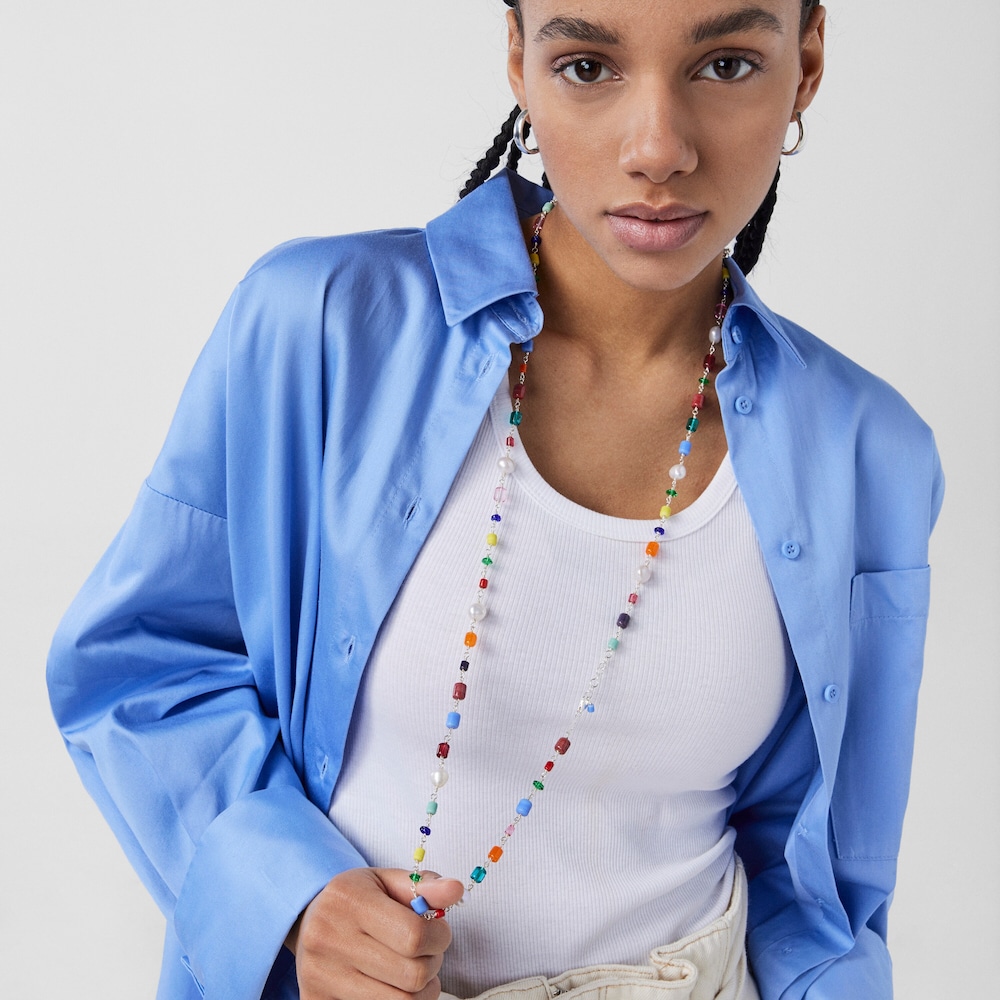 Long silver Oceaan Necklace with multicolored glass and pearls