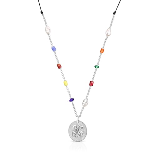 Long silver Oceaan cameo Necklace with multicolored glass and cord