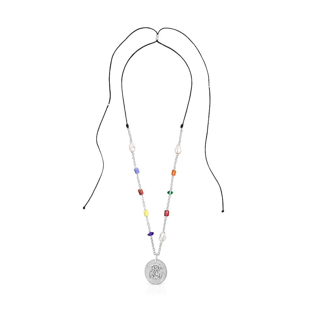 Long silver Oceaan cameo Necklace with multicolored glass and cord