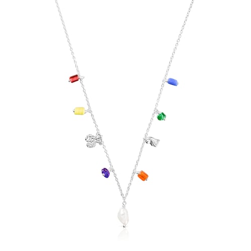 Silver Oceaan Necklace with pearls and multicolored glass image number 0