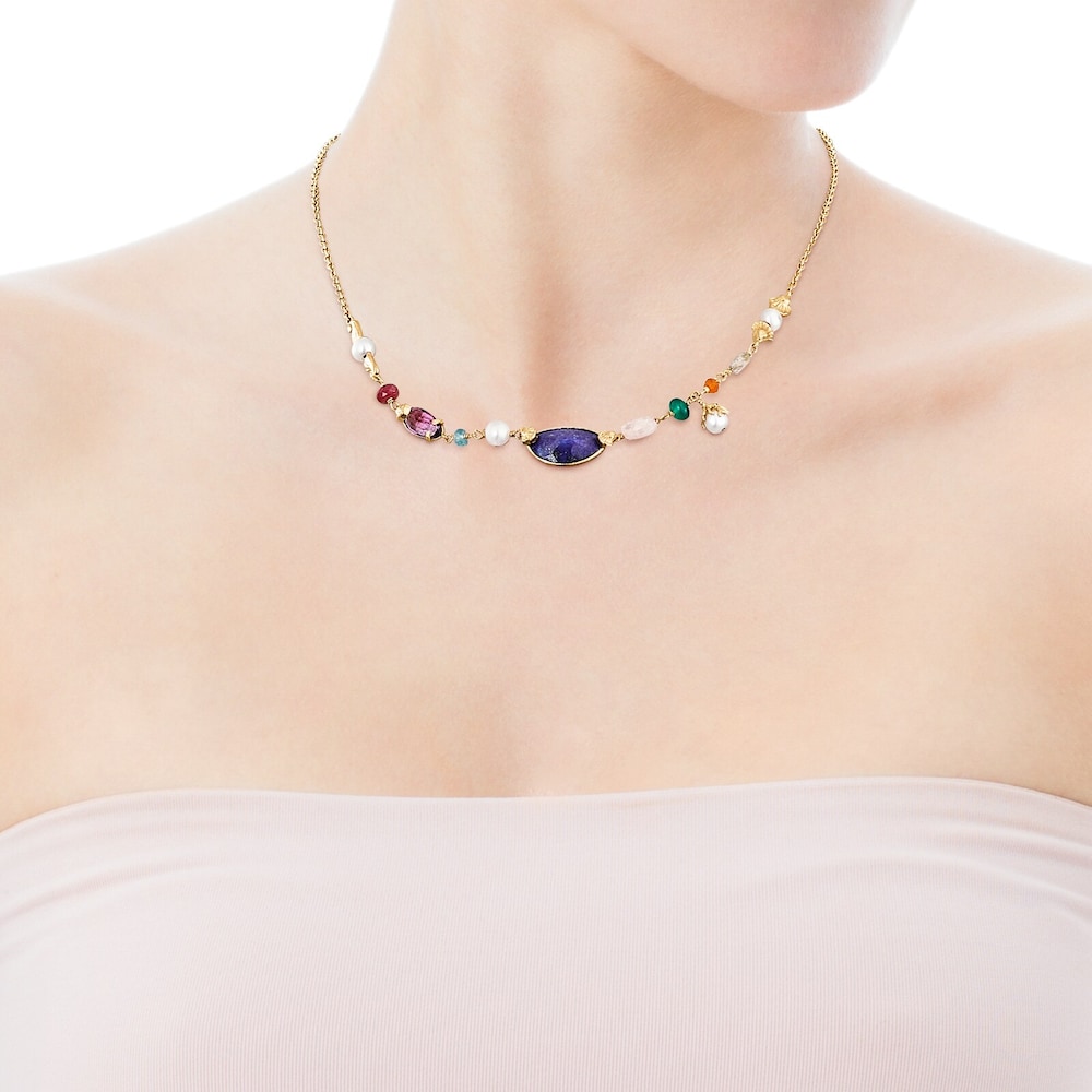 Collar con ba&ntilde;o de oro 18 kt sobre plata, perlas y gemas Oceaan Color