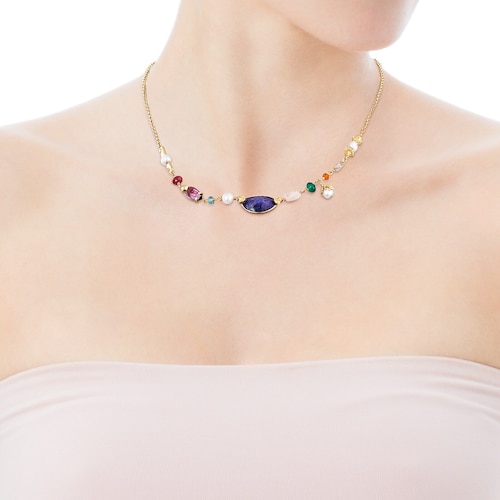 Collar con ba&ntilde;o de oro 18 kt sobre plata, perlas y gemas Oceaan Color