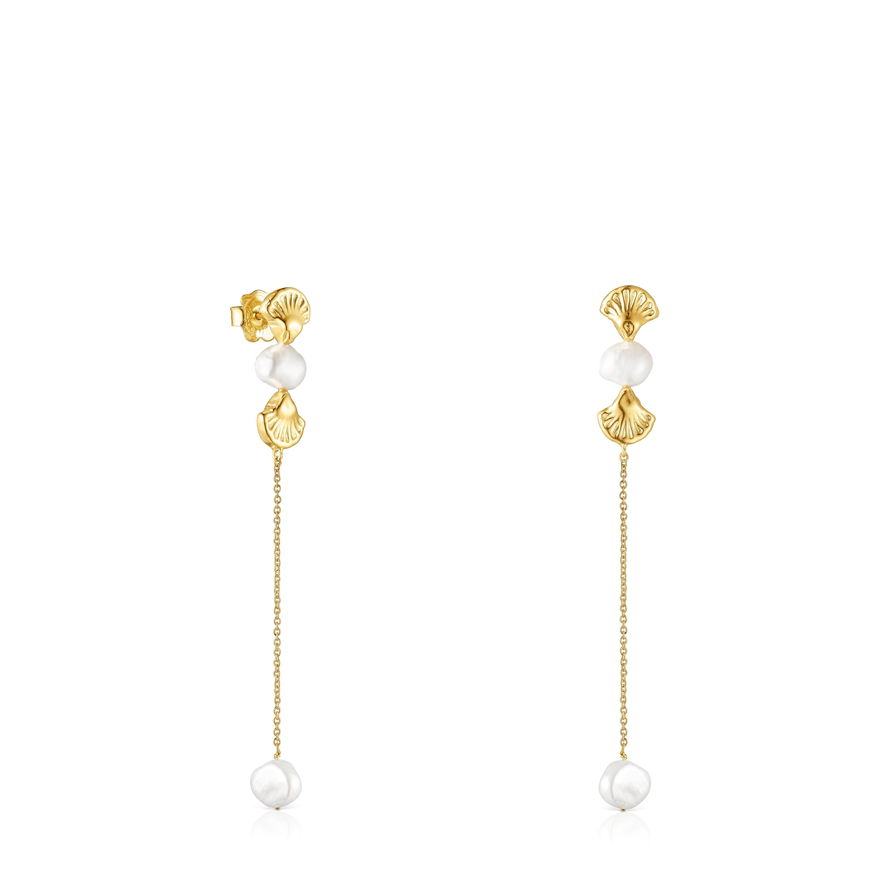 Long 18K solid gold Oceaan shell Earrings with pearls