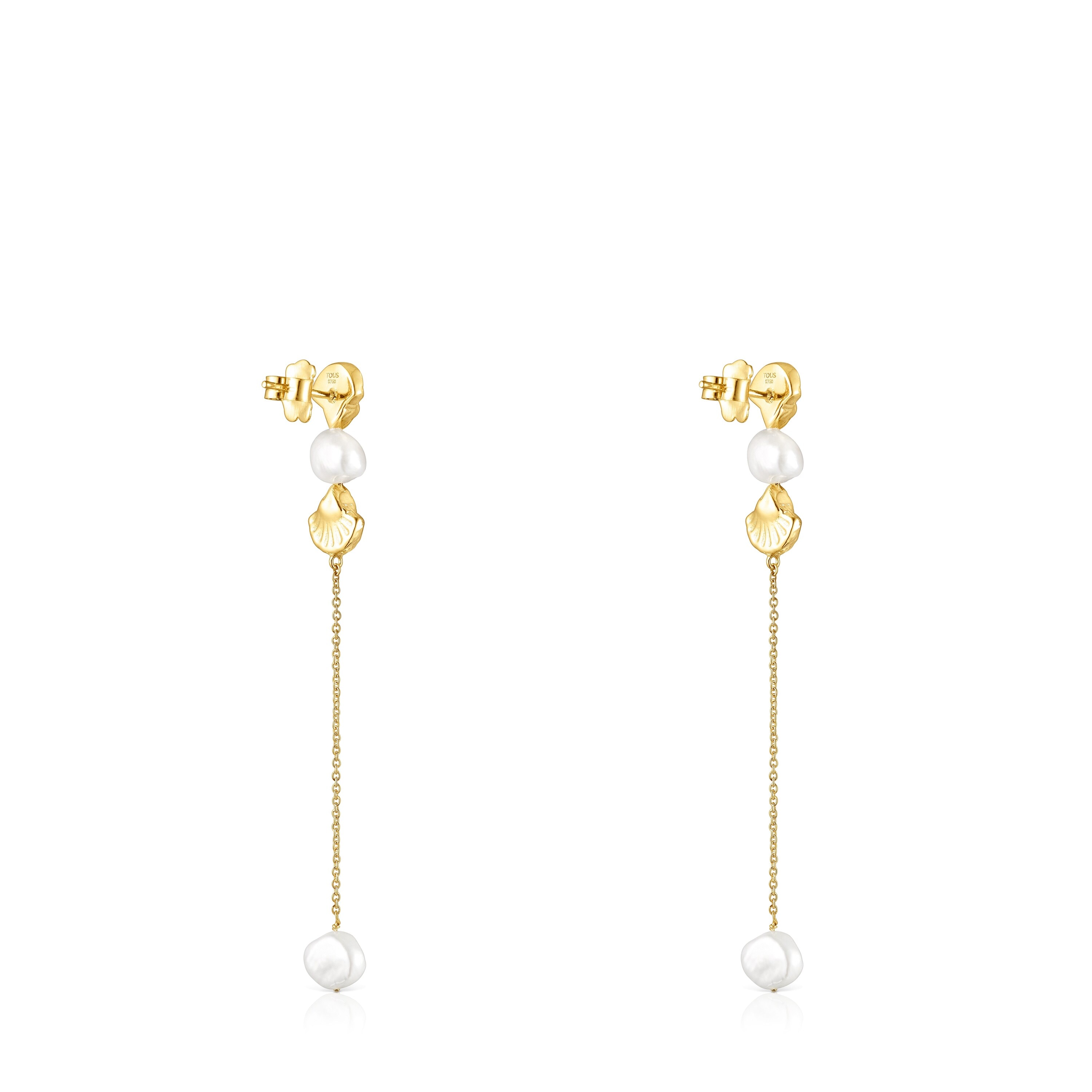 Long 18K solid gold Oceaan shell Earrings with pearls