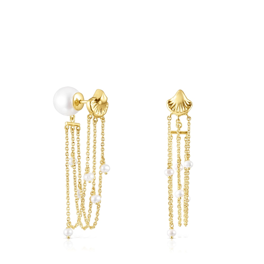 Long 18K solid gold Oceaan shells-chains Earrings with pearls