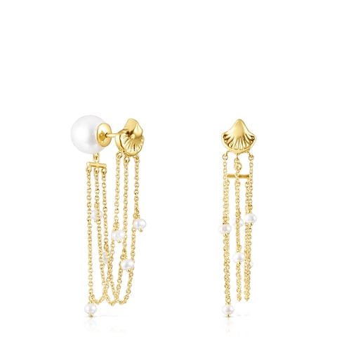 Long 18K solid gold Oceaan shells-chains Earrings with pearls