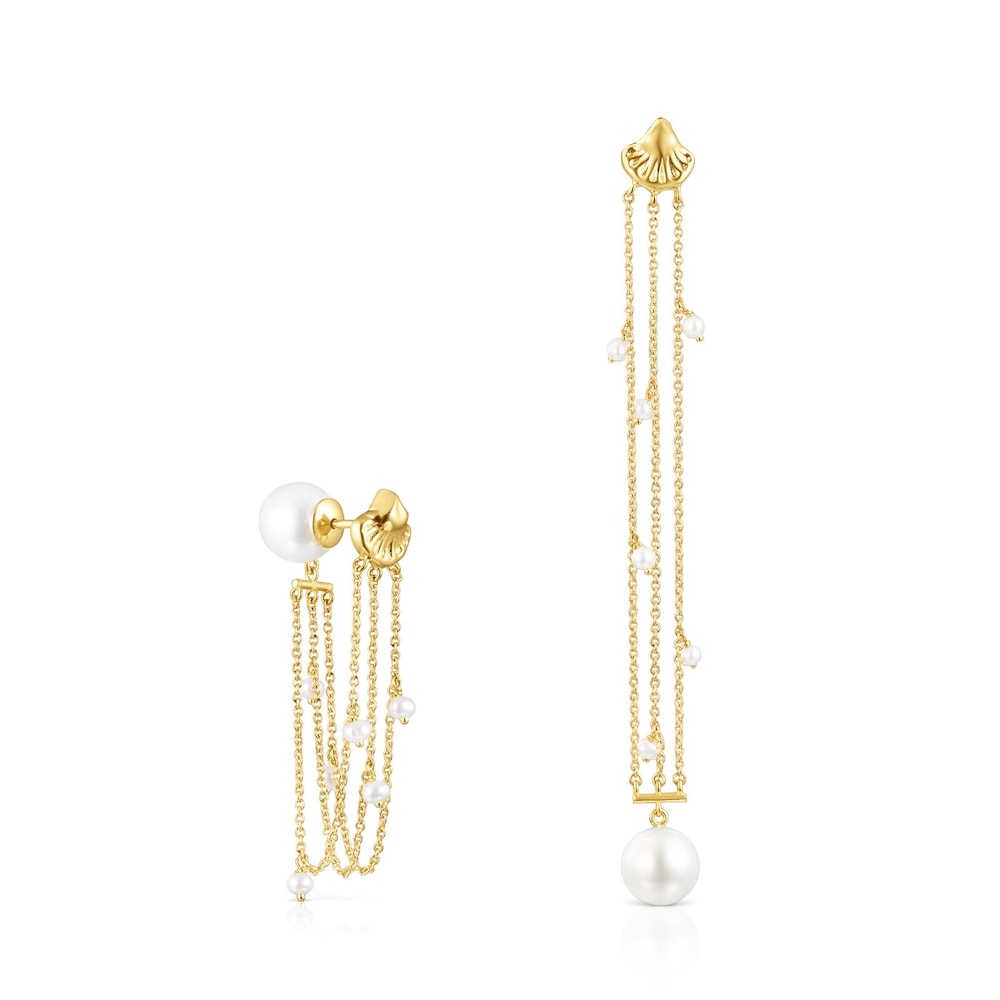 Long 18K solid gold Oceaan shells-chains Earrings with pearls