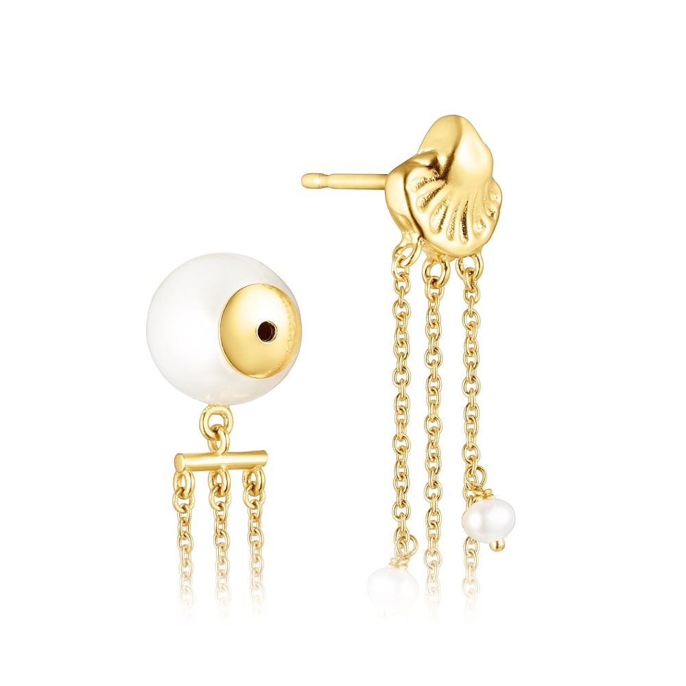 Long 18K solid gold Oceaan shells-chains Earrings with pearls