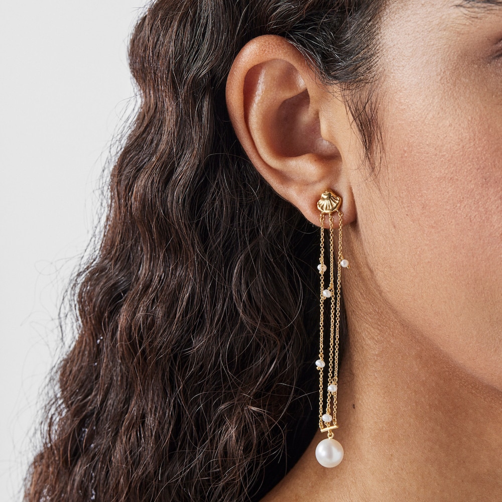 Long 18K solid gold Oceaan shells-chains Earrings with pearls