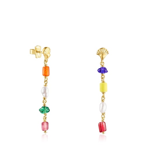 Aretes largos Oceaan con ba&ntilde;o de oro 18 kt sobre plata y glass multicolor