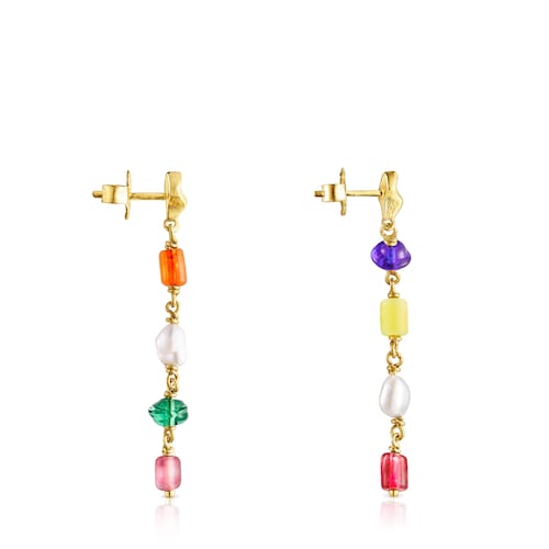 Aretes largos Oceaan con ba&ntilde;o de oro 18 kt sobre plata y glass multicolor
