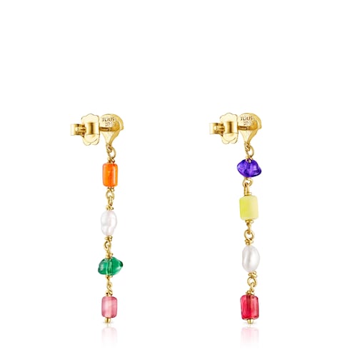 Aretes largos Oceaan con ba&ntilde;o de oro 18 kt sobre plata y glass multicolor