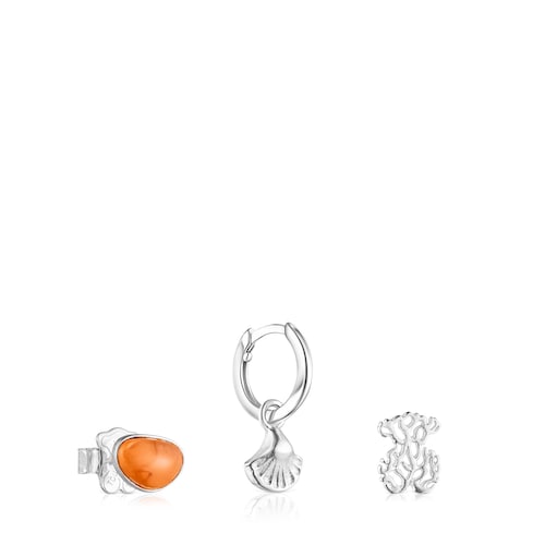 Set of Oceaan bear-shell Earrings with orange glass