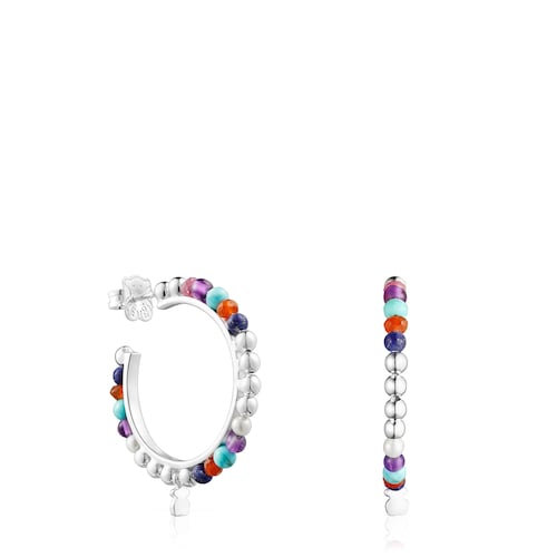 Pendientes aro de plata con perlas y gemas Oceaan Color  image number 0