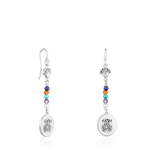 Long silver Oceaan Color cameo Earrings with gemstones and pearls image number 0
