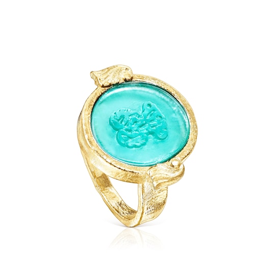 Anillo camafeo con ba&ntilde;o de oro 18 kt sobre plata y glass verde Oceaan Color