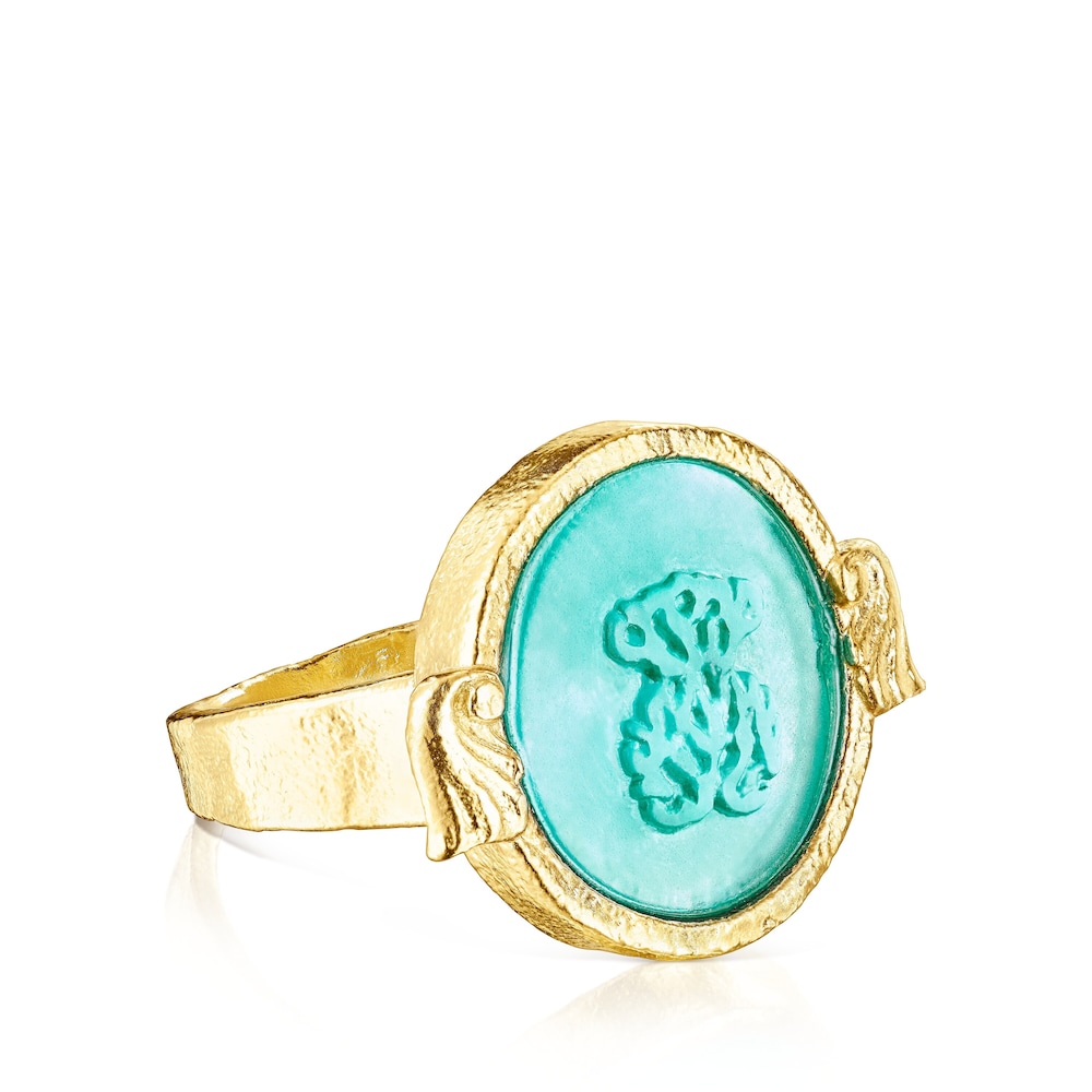 Anillo camafeo con ba&ntilde;o de oro 18 kt sobre plata y glass verde Oceaan Color