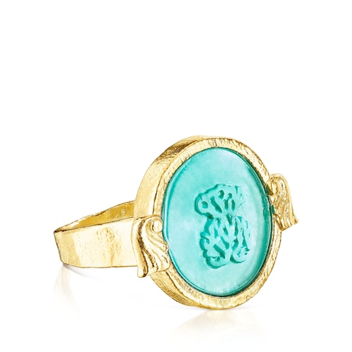 Silver vermeil Oceaan Color cameo Ring with green glass