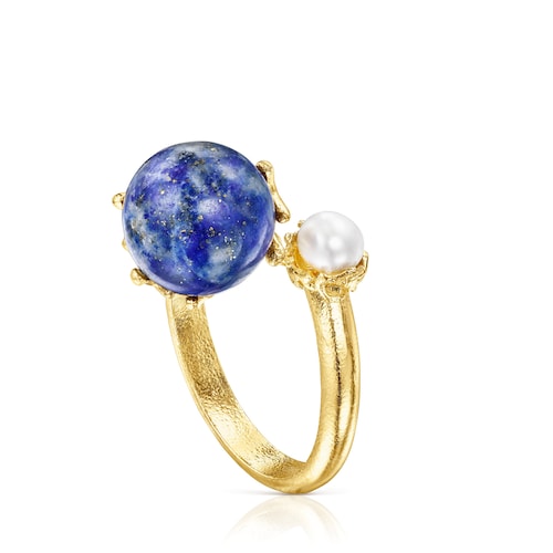 Anillo con ba&ntilde;o de oro 18 kt sobre plata, lapislazuli y perla Oceaan Color