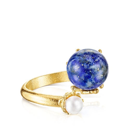 Anillo con ba&ntilde;o de oro 18 kt sobre plata, lapislazuli y perla Oceaan Color