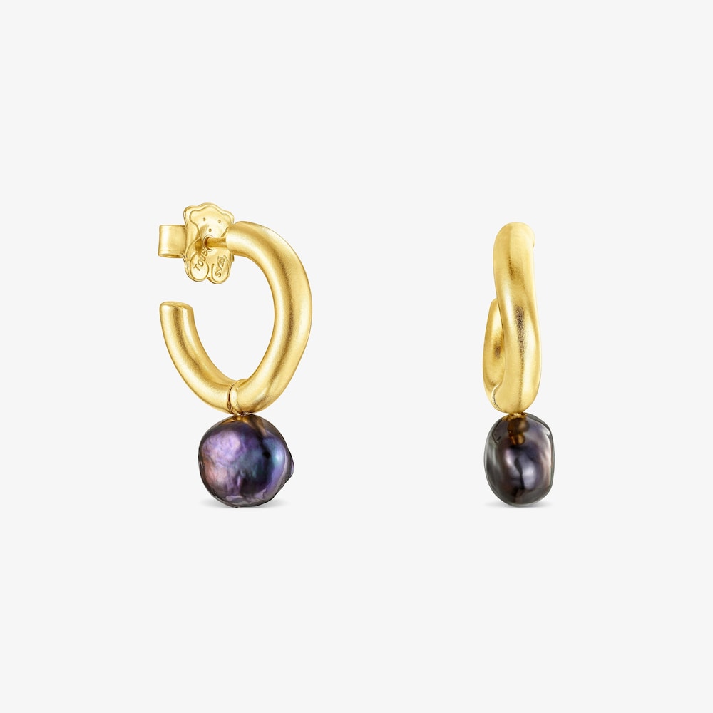 Aretes aro peque&ntilde;o con ba&ntilde;o de oro 18 kt sobre plata y perla gris Hav