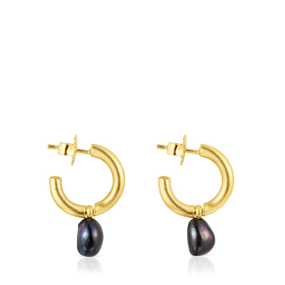 Small silver vermeil Hav Hoop earrings with gray pearl image number 1
