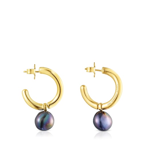 Large silver vermeil Hav Hoop earrings with gray pearl