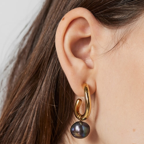 Large silver vermeil Hav Hoop earrings with gray pearl