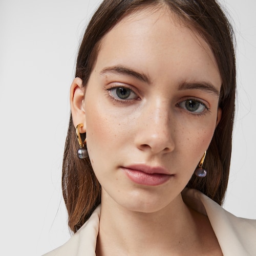 Large silver vermeil Hav Hoop earrings with gray pearl