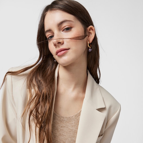 Large silver vermeil Hav Hoop earrings with gray pearl