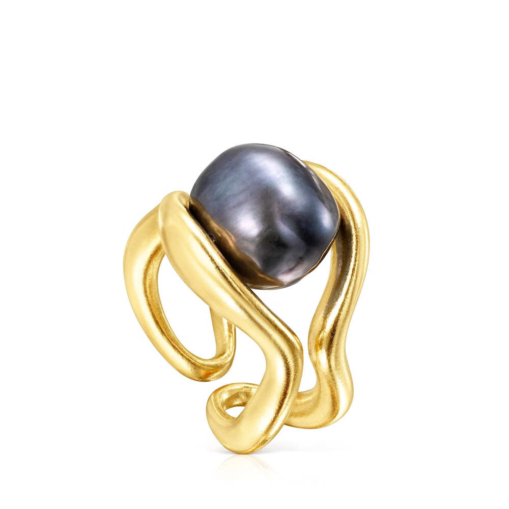 Anillo doble con baño de oro 18 kt sobre plata y perla gris Hav image number 0