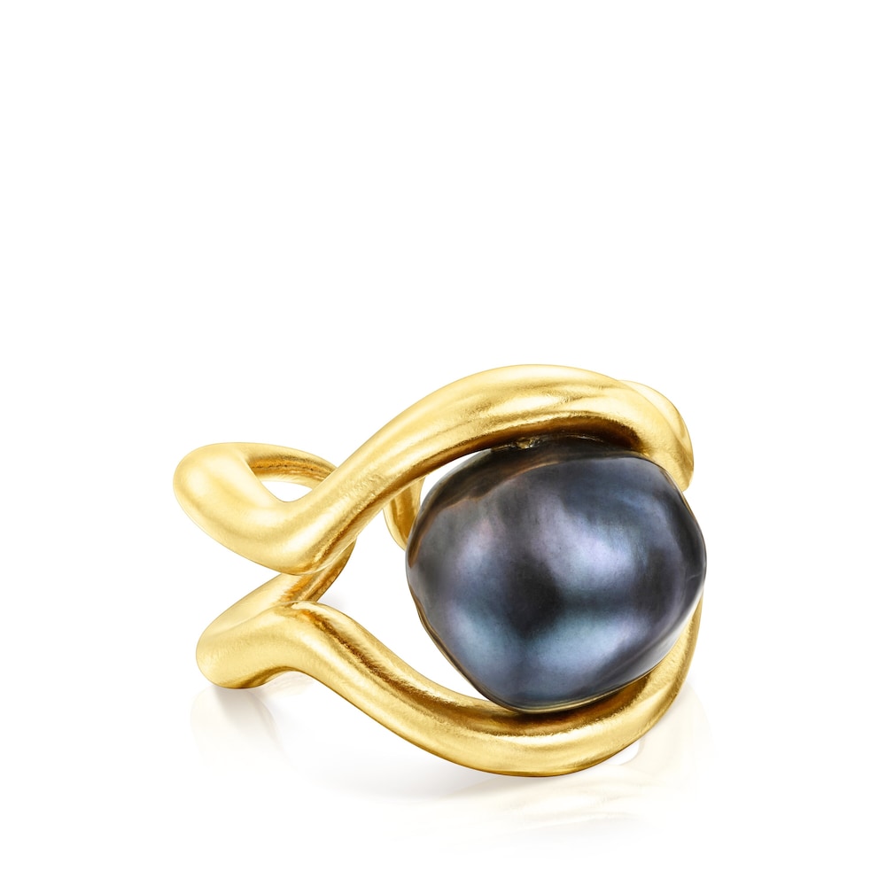 Anillo doble con baño de oro 18 kt sobre plata y perla gris Hav image number 1