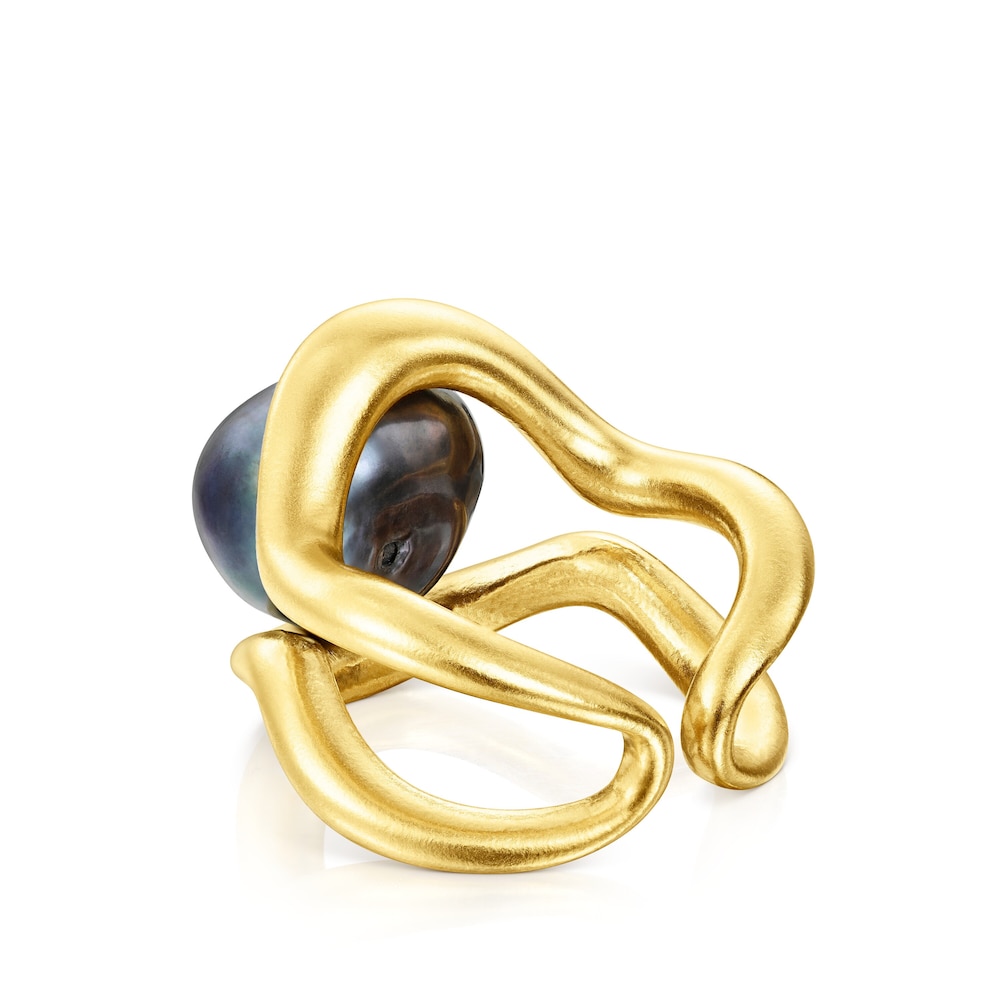 Anillo doble con baño de oro 18 kt sobre plata y perla gris Hav image number 2