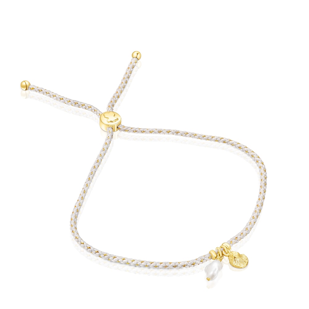 Pulsera con ba&ntilde;o de oro 18 kt sobre plata, perla y hilo trenzado gris Sea Vibes