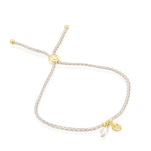 Pulsera con ba&ntilde;o de oro 18 kt sobre plata, perla y hilo trenzado gris Sea Vibes