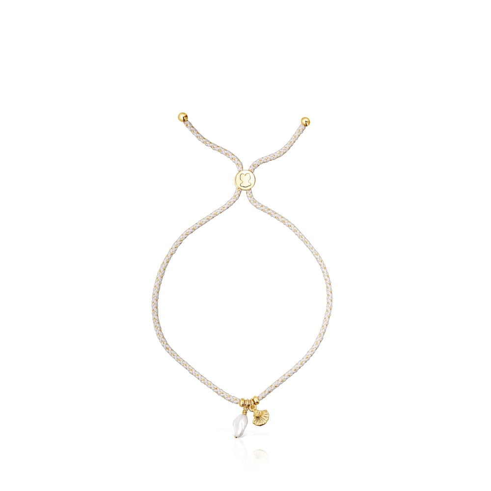 Pulsera con ba&ntilde;o de oro 18 kt sobre plata, perla y hilo trenzado gris Sea Vibes