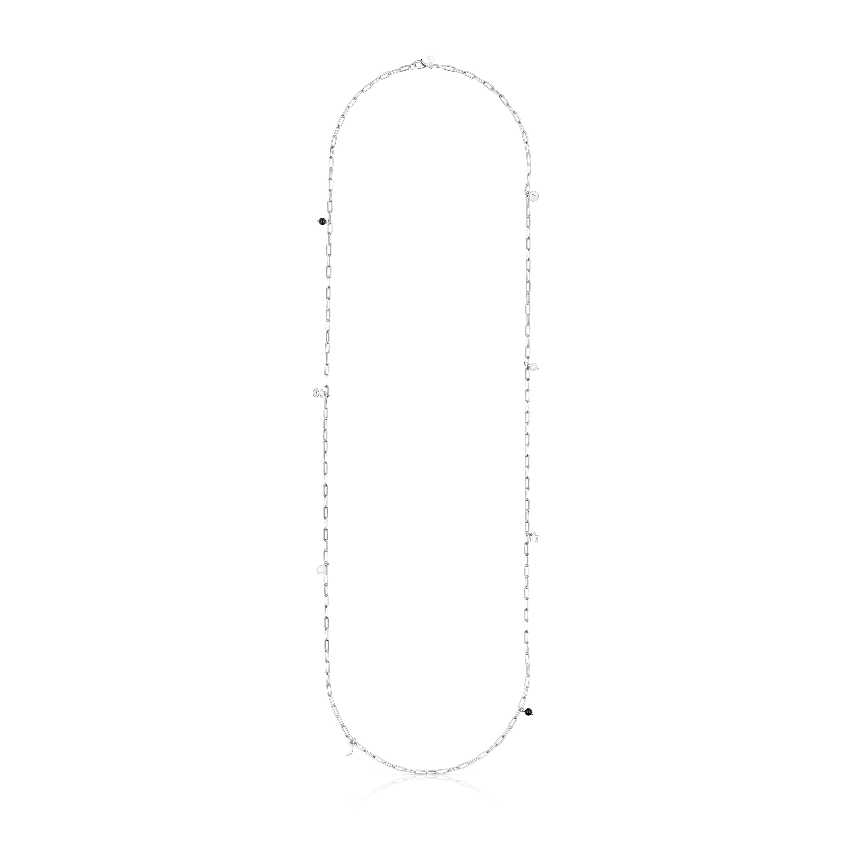 Long silver Magic Nature Necklace with pearls and onyx