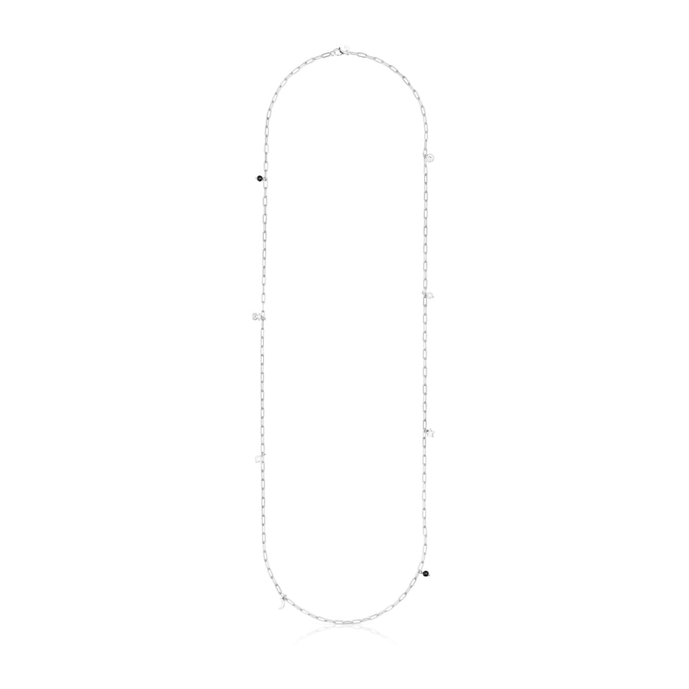 Long silver Magic Nature Necklace with pearls and onyx