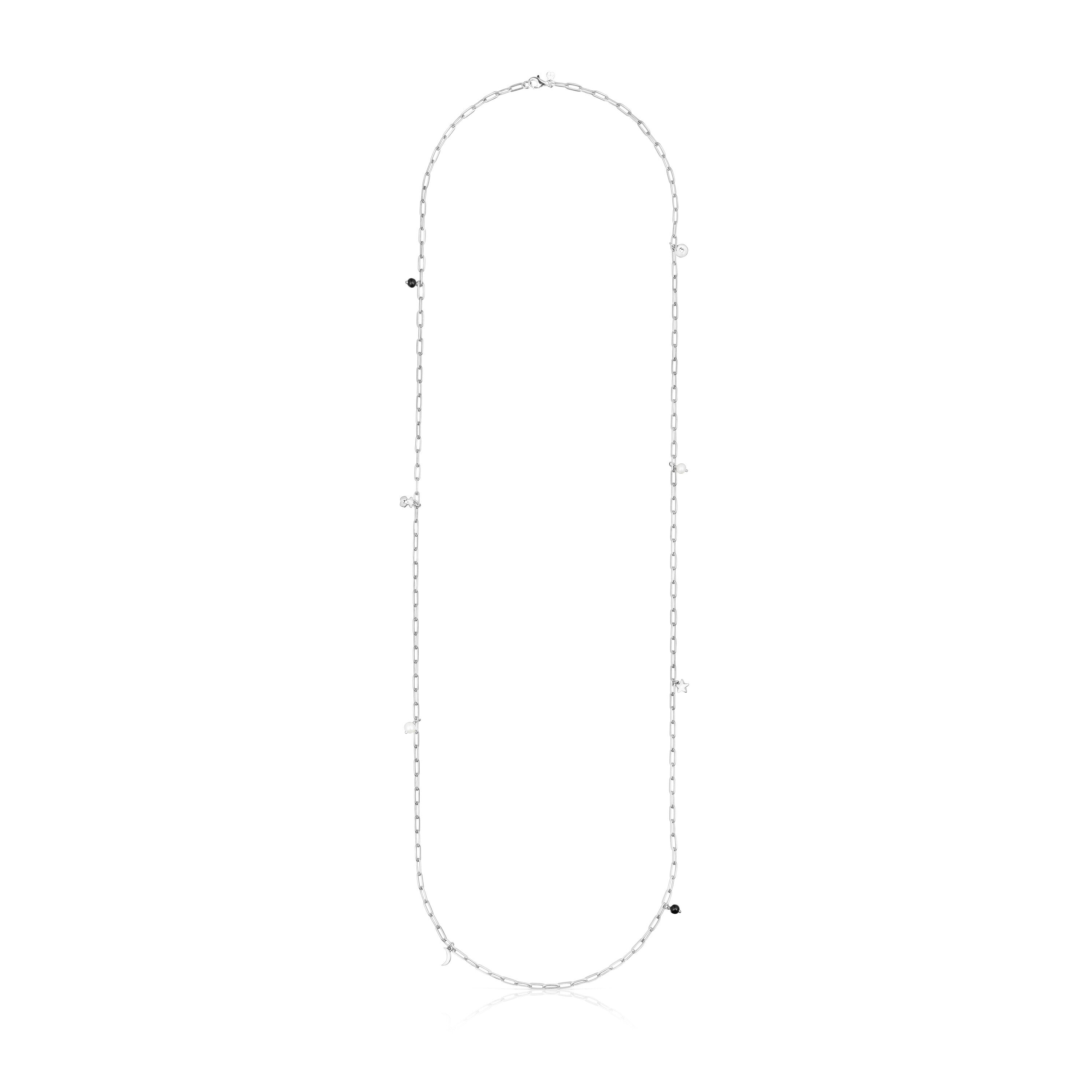 Long silver Magic Nature Necklace with pearls and onyx