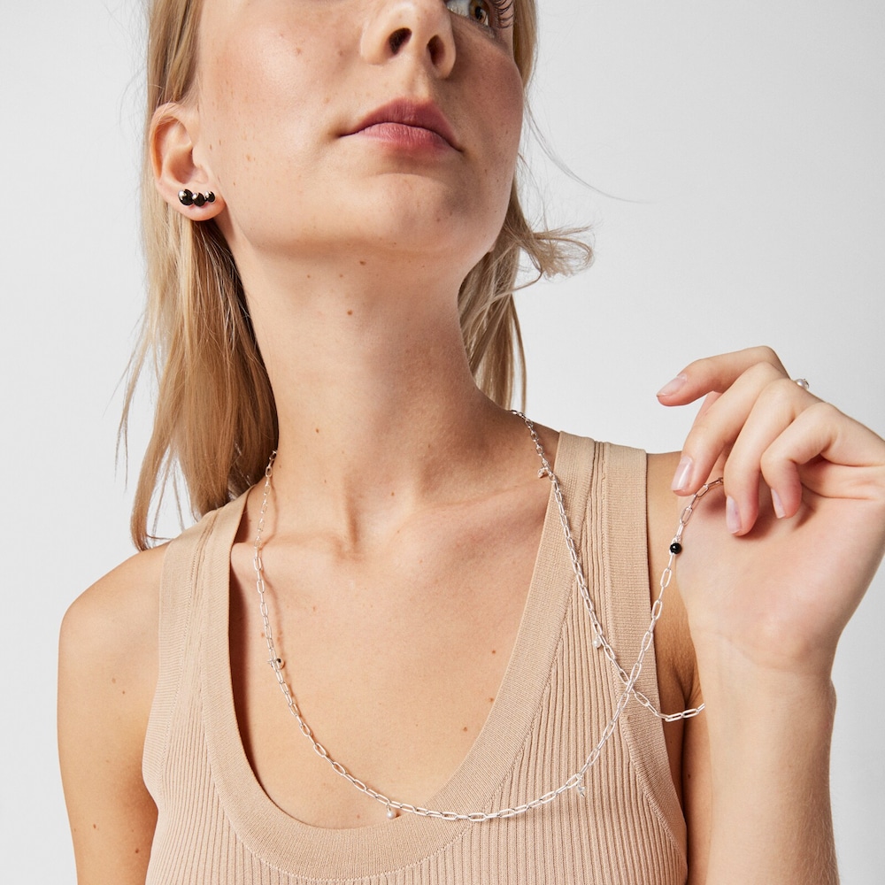 Long silver Magic Nature Necklace with pearls and onyx