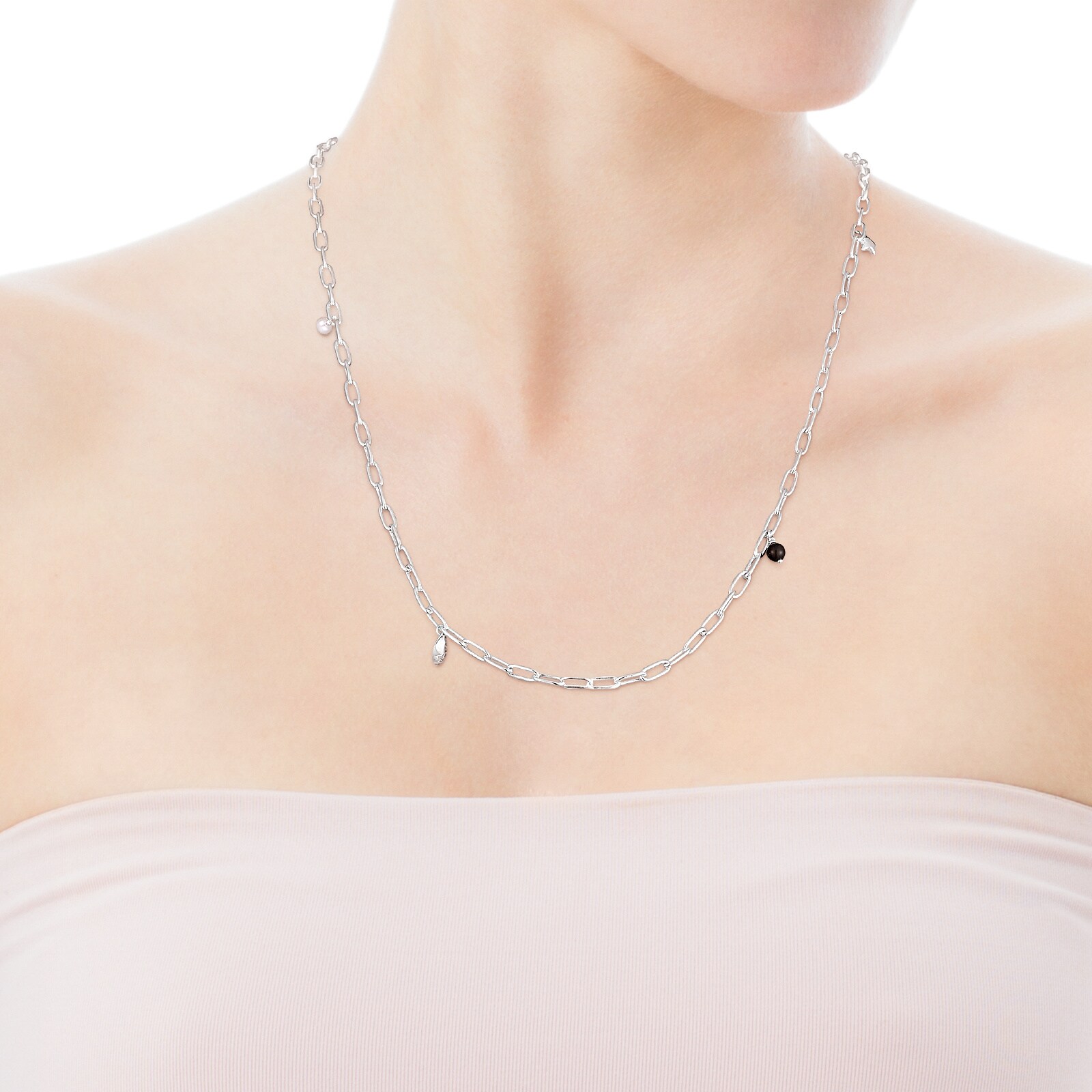 Long silver Magic Nature Necklace with pearls and onyx