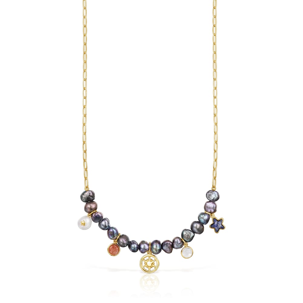 Collar Magic Nature con ba&ntilde;o de oro 18 kt sobre plata, perlas grises y gemas