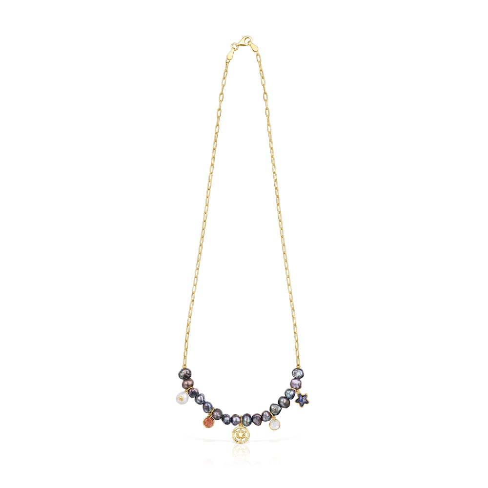 Collar Magic Nature con ba&ntilde;o de oro 18 kt sobre plata, perlas grises y gemas