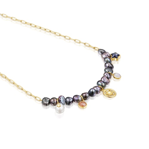 Collar Magic Nature con baño de oro 18 kt sobre plata, perlas grises y gemas