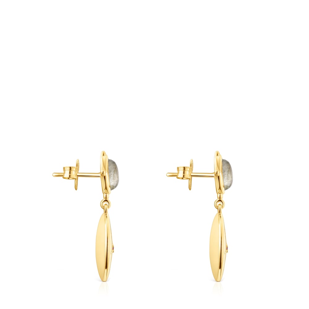 Pendientes disco Magic Nature con ba&ntilde;o de oro 18 kt sobre plata y labradorita