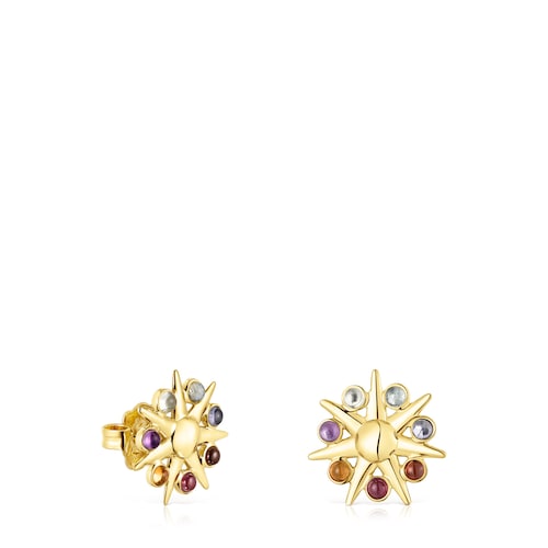 Pendientes sol con ba&ntilde;o de oro 18 kt sobre plata y gemas Magic Nature