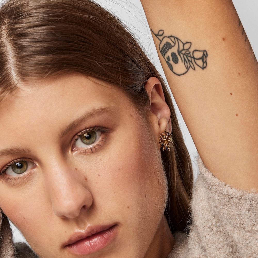 Pendientes sol con ba&ntilde;o de oro 18 kt sobre plata y gemas Magic Nature