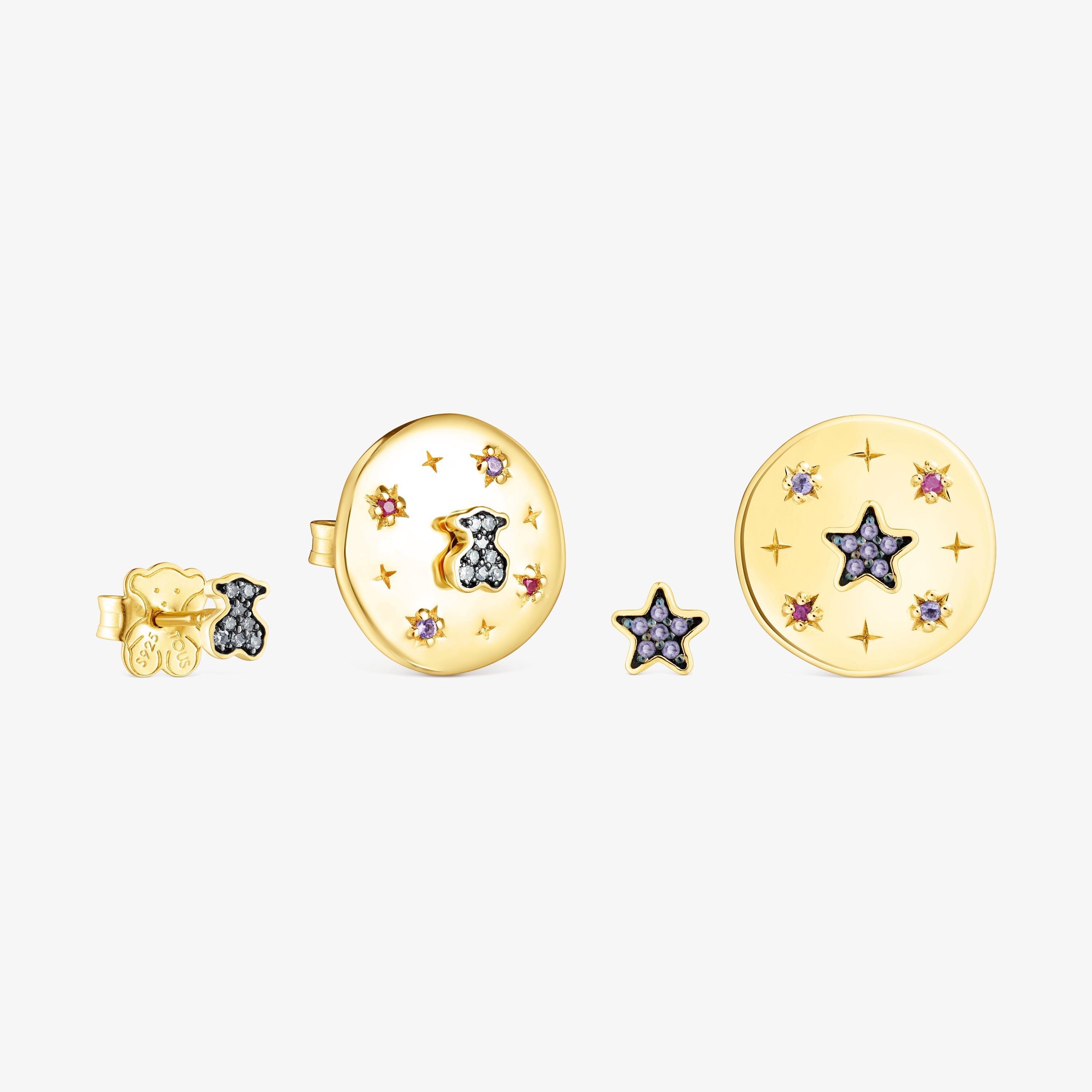 Pack of silver vermeil Magic Nature disc Earrings with gemstones and diamonds