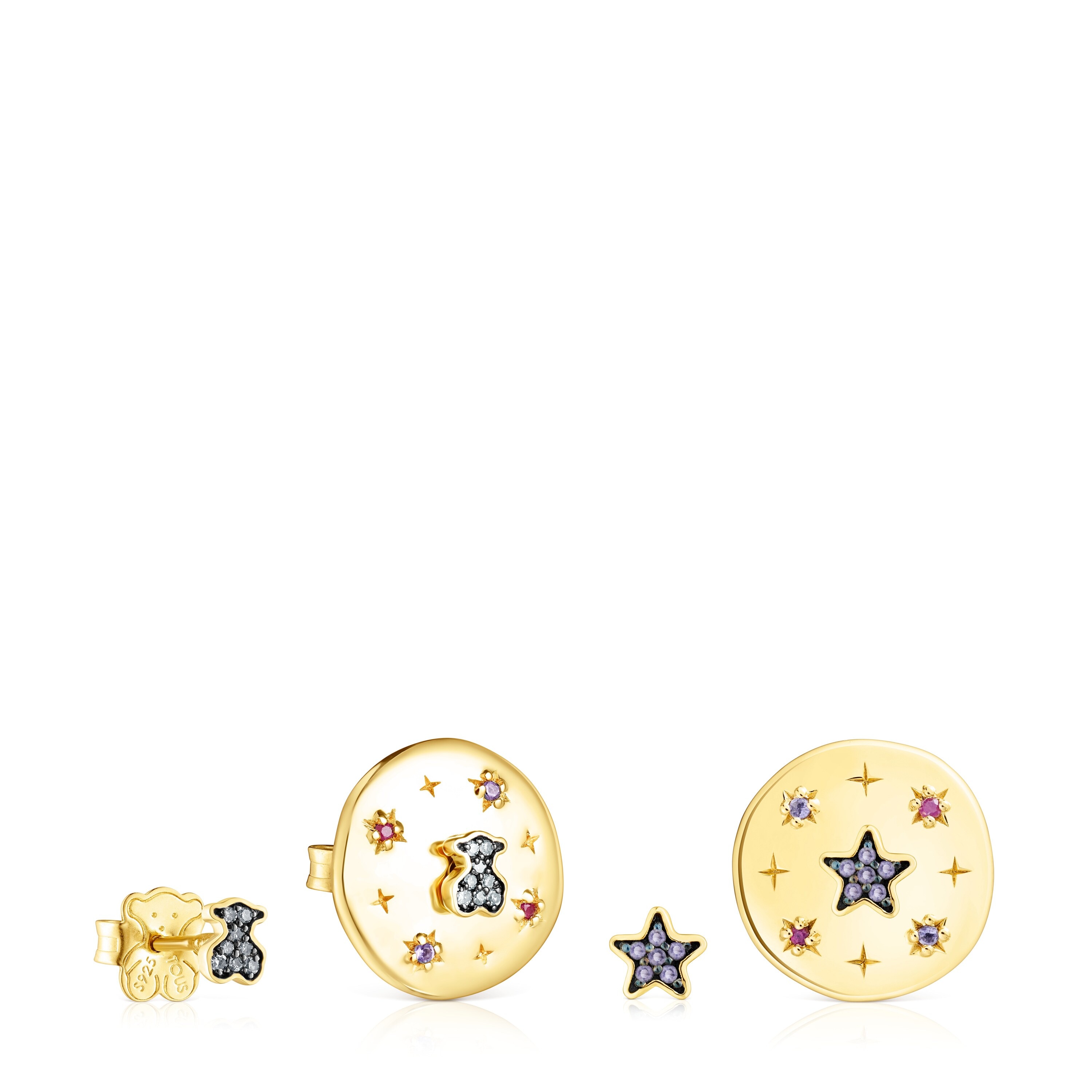 Pack de pendientes disco Magic Nature con baño de oro 18 kt sobre plata, gemas y diamantes