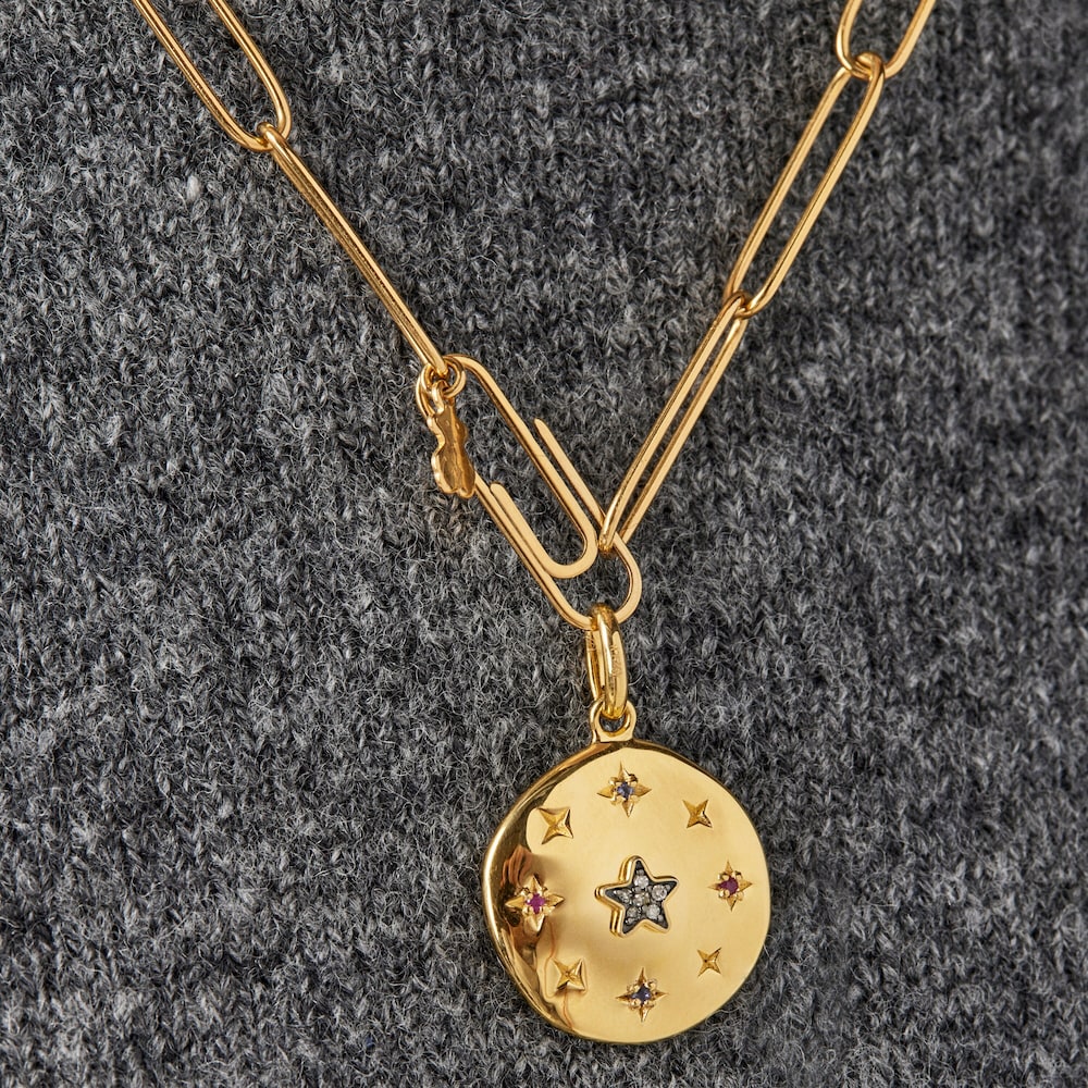 Dije disco peque&ntilde;o con ba&ntilde;o de oro 18 kt sobre plata y gemas Magic Nature